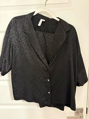 Women's Black Leopard Satin Button-Up Shirt and pants